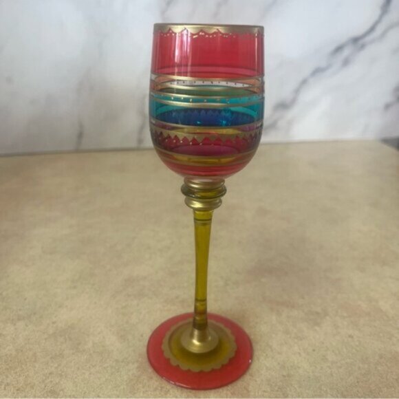 Pier 1 Multi-Color Hand Painted Jewel Toned Long Stem Glasses Set 6 - Picture 5 of 12